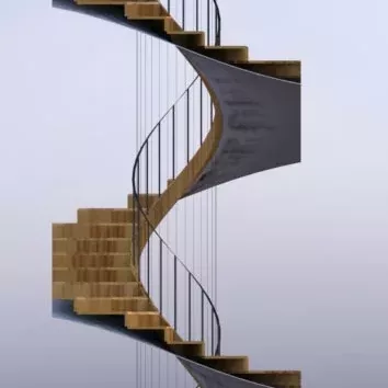Vue 3D d'un escalier en colimaçon avec câbles de sécurité